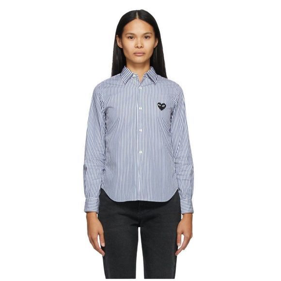 NWOT COMME DES GARÇONS PLAY Blue & White Striped Heart Patch Shirt Long - Picture 11 of 11